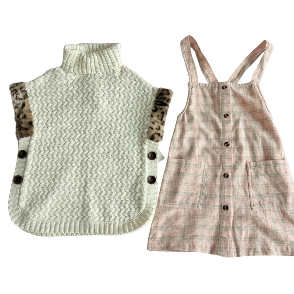 Roller Rabbit Girls Cream Cable Knit Poncho & Pink Plaid Pinafore Set